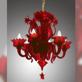 Lustre MURANO rouge rubis « Chardon et coquelicots » &amp; Poulpe rubis
