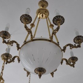 The 8 Arms Cast brass basket chandelier - cut sadblasted glass
