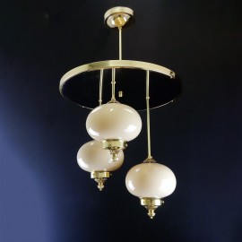 Large brass chandeliers with opal glass balls in art deco style