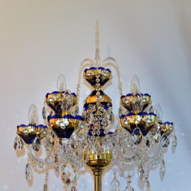 Dark Blue 9-arm red crystal floor lamp with with glass flowers on the golden 24k background