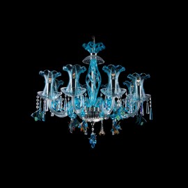 Lustre en cristal décoré de poissons de mer et d'hippocampes - vases / abat-jour bleus