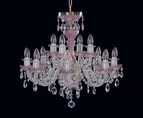 Lustre à 12 branches en cristal décoré de peinture à la main sur verre dépoli rose, appelé CRYSTAL FOND