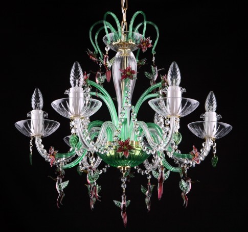 Lustre vert à 6 bras en cristal avec oiseaux