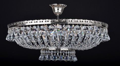 Lustre en cristal argenté à panier avec 6 ampoules et des cristaux en forme de diamant