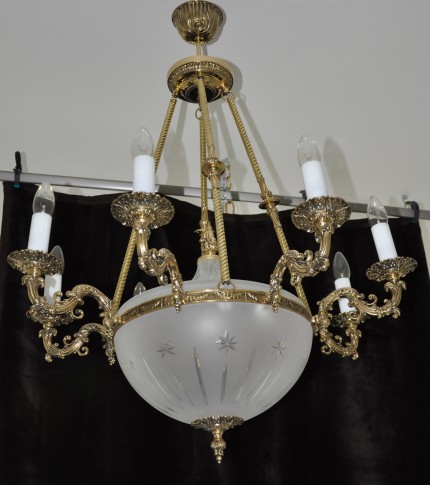 8 Arms Cast brass basket chandelier - cut sadblasted glass