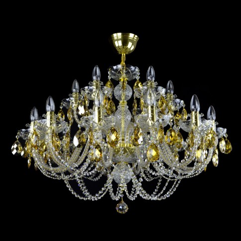 Grand lustre en cristal avec des amandes jaunes dans l'ombre du cristal citrine doré.