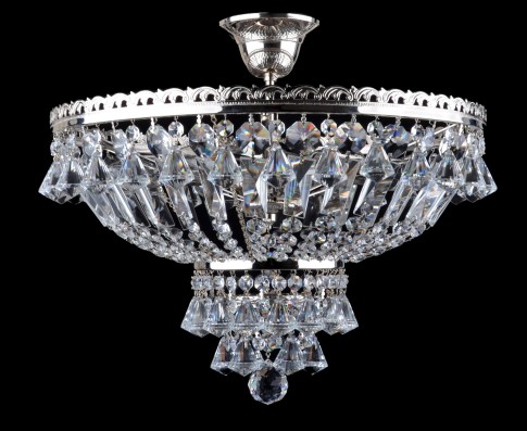 Lustre en cristal à panier argenté à 6 ampoules avec pendentifs en forme de diamant