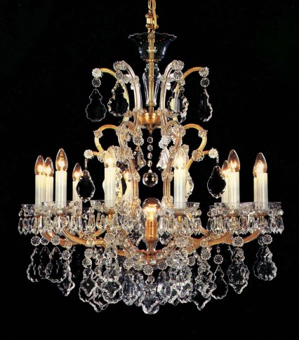 Lustre en cristal de Marie-Thérèse à 12 flammes d'or avec pendeloques en cristal