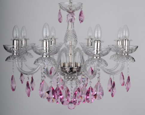 Lustre à 8 bras en cristal avec bras en verre lisse et amandes violettes et fuchsia taillées