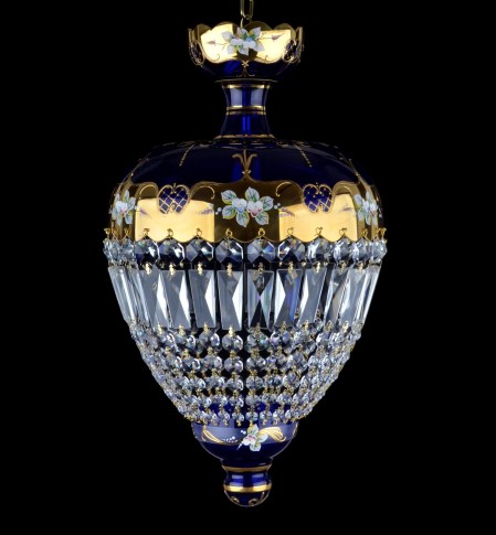 Lustre à panier bleu avec fleurs en verre et trapèzes en cristal