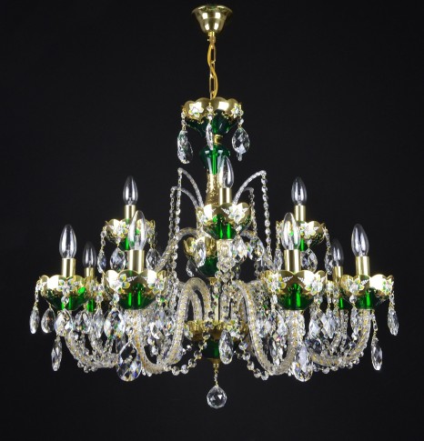 Lustre à 12 bras en cristal émaillé vert avec des fleurs en verre sur la base en or