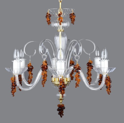 Lustre en cristal soufflé à 6 branches, orné de grappes de raisin en verre transparent et dépoli