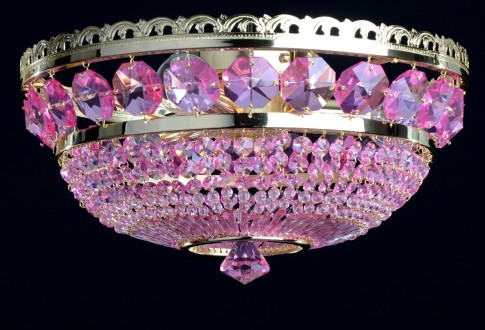 Lustre en cristal à panier avec 3 ampoules en applique avec de grands octogones fuchsia taillés - Laiton doré