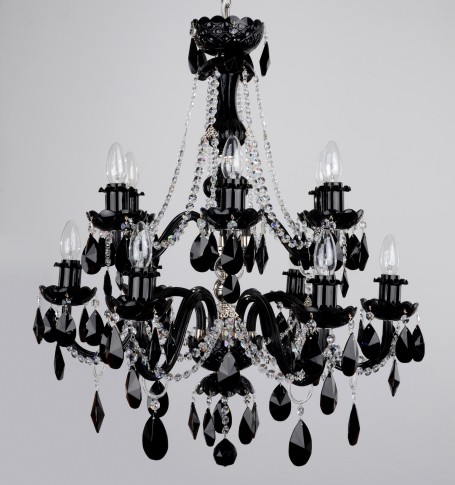 Lustre en cristal noir et blanc à 12 bras - chaînes en amandes noires et en strass transparents
