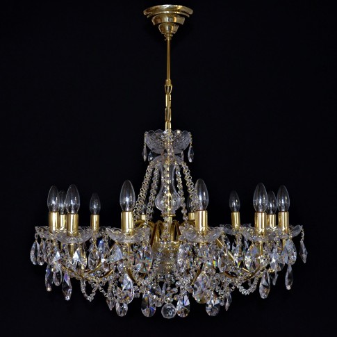 Lustre en cristal de laiton doré avec 12 bras métalliques avec Cr. amandes. Laiton poli.