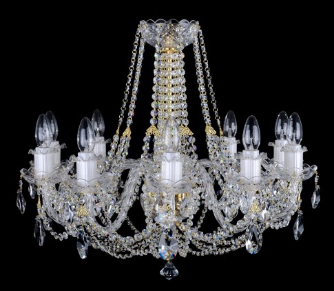 Lustre à 10 bras en cristal brillant avec bras en verre torsadé et amandes taillées