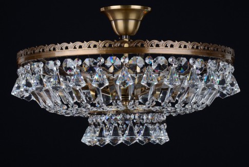 Lustre à 6 ampoules en cristal de panier teinté brun avec cristaux en forme de diamant