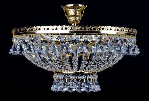 Lustre en cristal à panier avec 6 ampoules en strass et cristaux en forme de diamant - Laiton doré