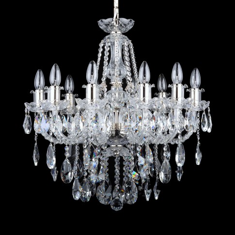 Lustre en cristal avec dix bras en verre et métal argenté brillant pour un petit salon