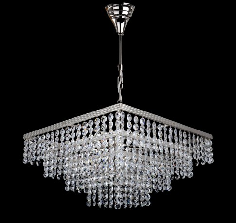 Lustre en cristal de strass carré argenté 6 ampoules - Octogones taillés scintillants