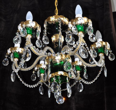 Lustre à 6 bras en cristal émaillé vert avec fleurs en verre