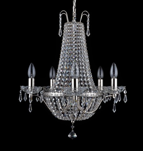 Lustre à 5 bras en cristal argenté avec chaînes en cristal de strass et gouttes de cristal