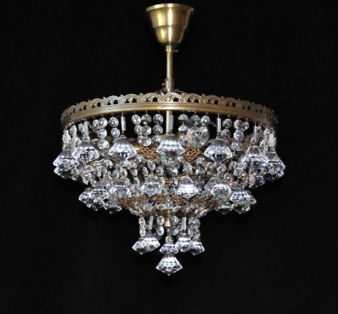 Lustre à panier en cristal avec 3 ampoules avec pendentifs en forme de diamant - Laiton ANTIQUE