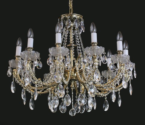 Lustre de luxe à 10 bras de lumière en laiton moulé et cristal - Laiton doré & PK500 taillé à la main