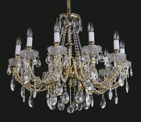 Lustre de luxe à 10 bras de lumière en laiton moulé et cristal - Laiton doré & PK500 taillé à la main