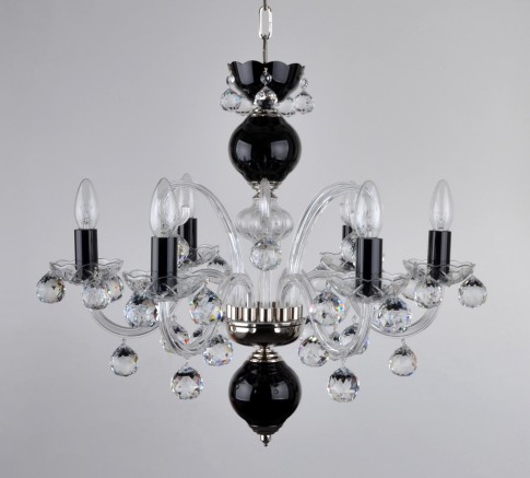 Lustre à 6 bras en cristal noir avec boules de cristal taillé - Silver