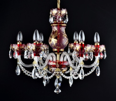 Lustre en cristal rouge rubis à 6 bras avec peinture à la main - Feuilles d'or