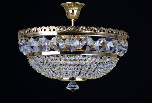 Lustre à 3 ampoules en cristal de panier en strass avec de grands octogones taillés - Laiton doré
