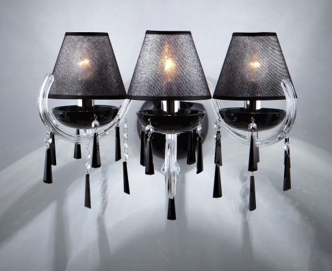 Applique à 3 bras en cristal argenté en verre noir avec abat-jour