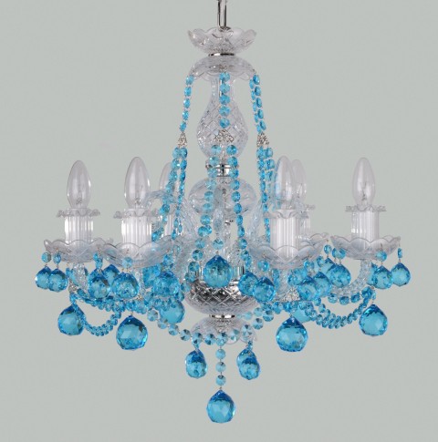 Lustre en cristal bleu à 6 bras avec boules de cristal taillées en aigue-marine