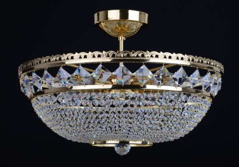 Lustre à panier avec 9 ampoules en cristal de Swarovski avec pierres carrées - Laiton doré