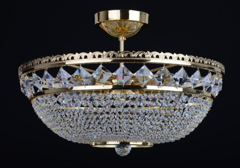 Lustre à panier avec 9 ampoules en cristal de Swarovski avec pierres carrées - Laiton doré
