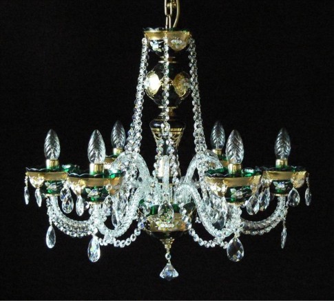 Lustre à 6 bras en cristal émaillé vert avec des fleurs en verre sur la base en or