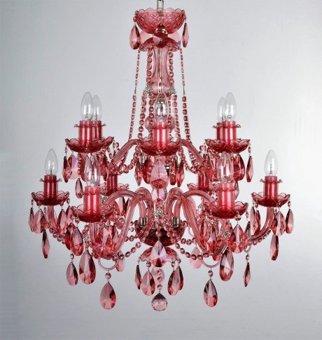 Grand lustre en cristal rose avec 12 ampoules