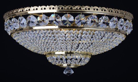 Lustre à 9 ampoules en cristal de panier apparent avec de grands octogones taillés - Laiton doré