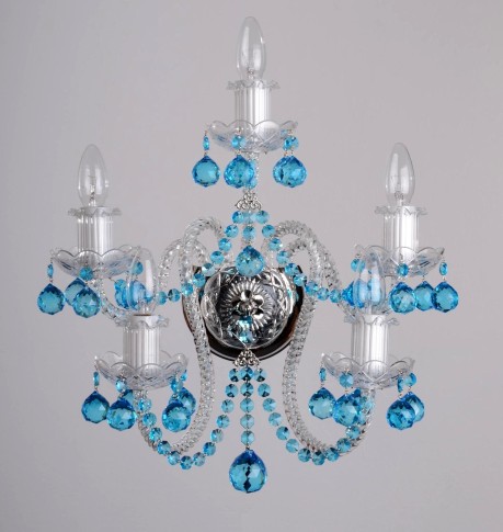 Applique en cristal à 5 bras avec boules de cristal taillées bleu aigue-marine