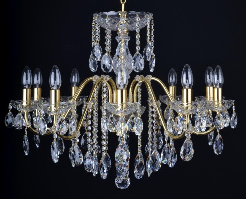 Lustre en cristal de laiton doré 10 bras avec amandes en cristal taillé