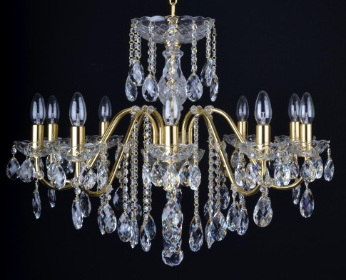 Lustre en cristal de laiton doré 10 bras avec amandes en cristal taillé