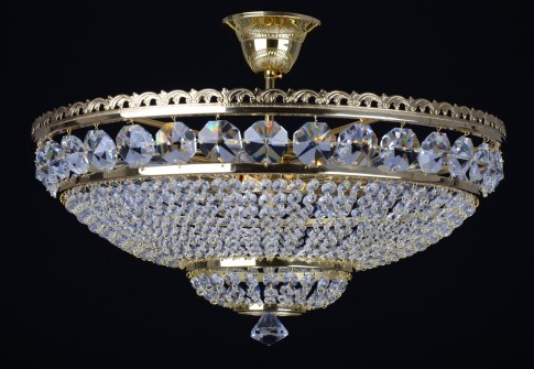 Lustre à 9 ampoules en cristal de panier strassé avec grands octogones taillés - Laiton doré