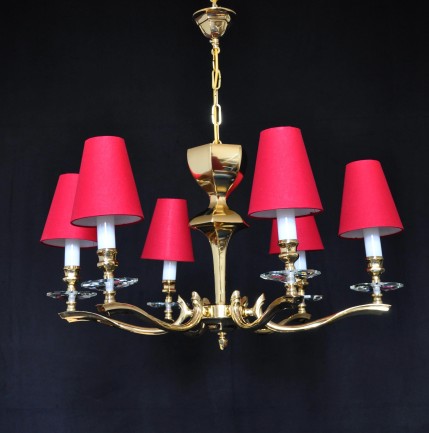 The 6-arms cast brass chandelier in the shape of a golden cup - without / with the lampshades