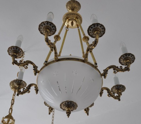 The 8 Arms Cast brass basket chandelier - cut sandblasted glass
