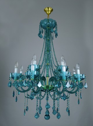 Lustre à 12 branches en cristal turquoise avec tubes en verre blanc