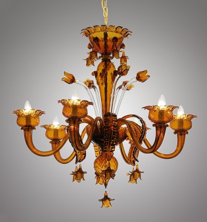 Lustre en verre de Murano à 6 branches, couleur topaze, orné de tulipes.