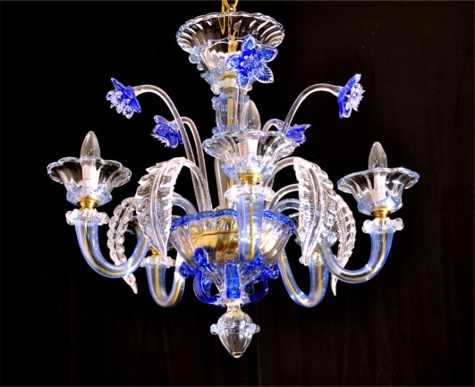 Petit lustre de Murano bleu encre avec des fleurs - 5 ampoules