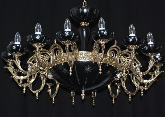 The custom-made black basket chandelier with 16 cast brass arms